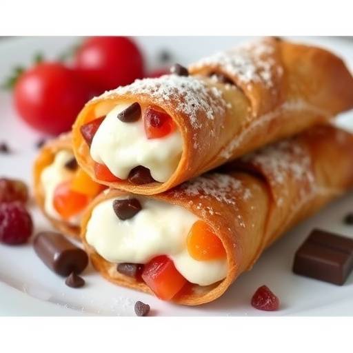 Cannoli siciliani ripieni di ricotta dolce, canditi e gocce di cioccolato