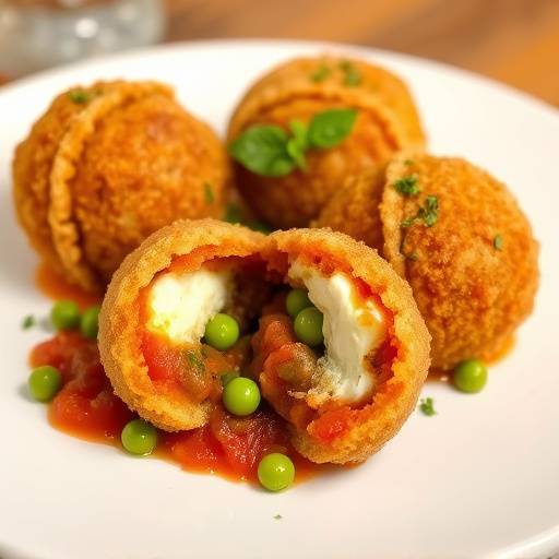 Piatto di arancini siciliani, ripieni di rag&radic;&pi; di carne, piselli e mozzarella, impanati e fritti