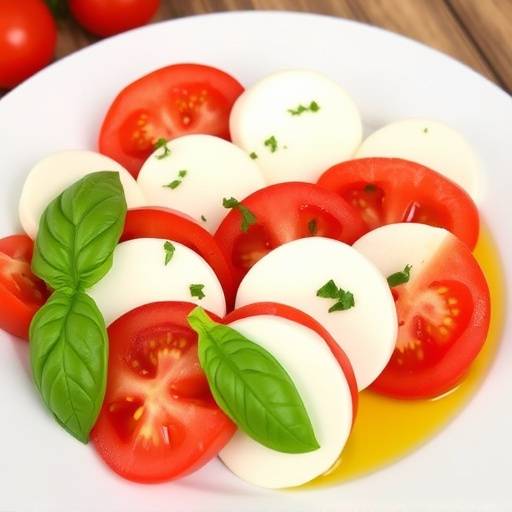 Piatto di caprese, con fette di pomodoro, mozzarella e basilico fresco, condito con olio extra vergine d'oliva