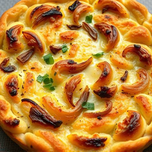 Piatto di frittata di cipolle, dorata e soffice, servita con pane casereccio