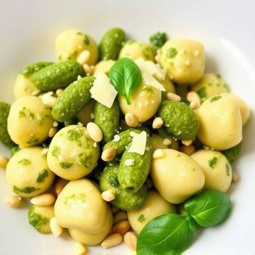 Piatto di gnocchi al pesto, con basilico fresco, pinoli, aglio, parmigiano reggiano e olio extra vergine d'oliva