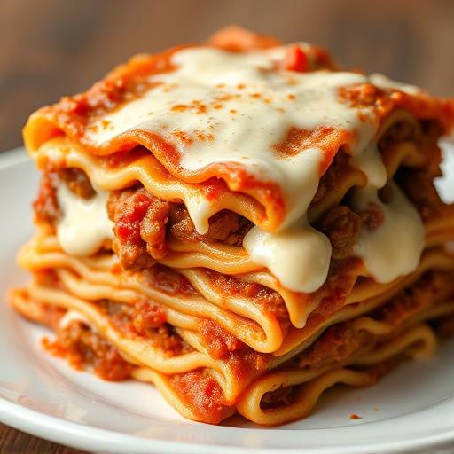 Piatto di lasagne al forno, con strati di pasta fresca, rag&radic;&pi; di carne, besciamella e parmigiano grattugiato