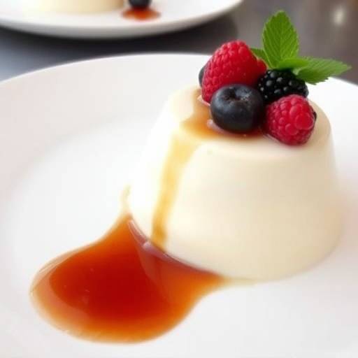 Piatto di panna cotta, con guarnizione di frutti di bosco freschi e salsa al caramello