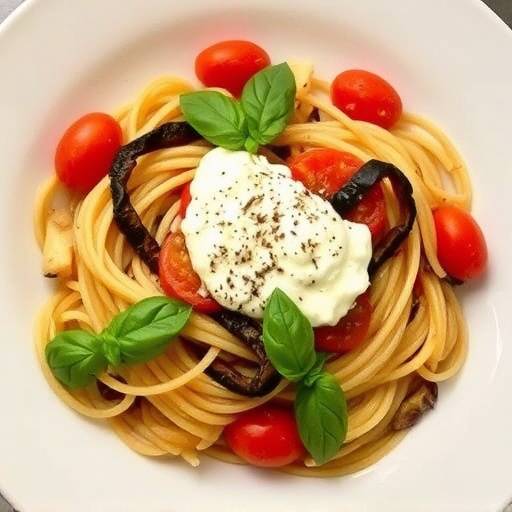 Piatto di pasta alla norma, con pomodori, melanzane fritte, ricotta salata e basilico fresco