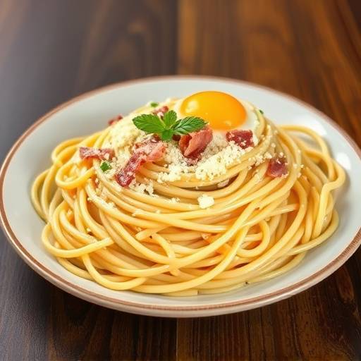 Piatto di spaghetti alla carbonara, con uova, pancetta e pecorino romano