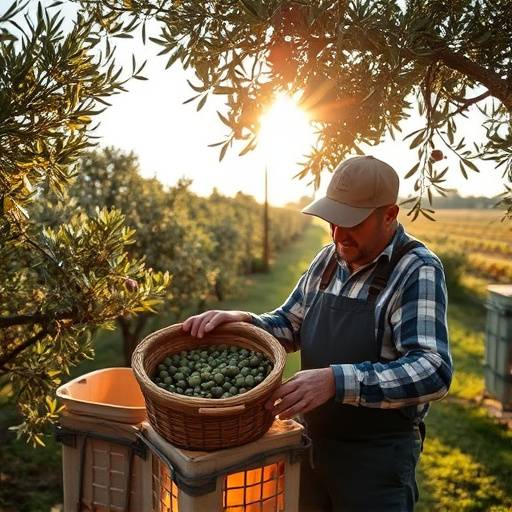 Un agricoltore che raccoglie olive in un uliveto secolare sotto il sole del Mediterraneo.
