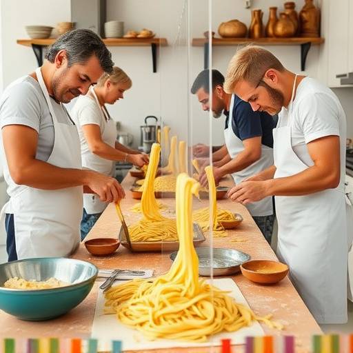 Un gruppo di persone che partecipano a un corso di cucina italiana imparando a fare la pasta fresca.
