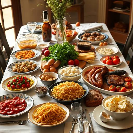Un'immagine di una tavola imbandita per una festa italiana con antipasti, primi, secondi e dolci.