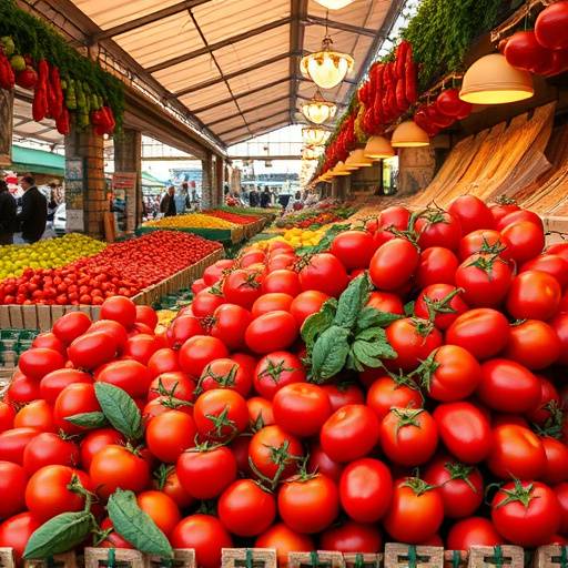 Un mercato vivace con bancarelle che espongono pomodori San Marzano rossi e succosi.