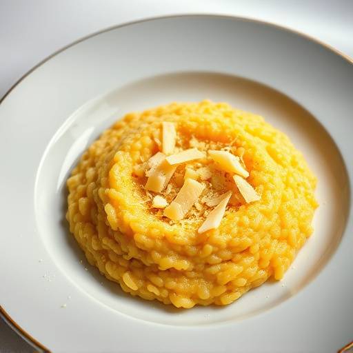 Un piatto di risotto allo zafferano splendidamente presentato con una spolverata di parmigiano reggiano.