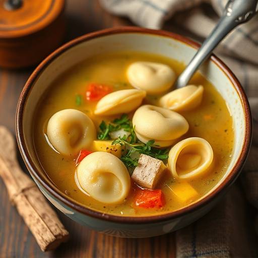 Un piatto di tortellini in brodo, una zuppa confortante e gustosa.