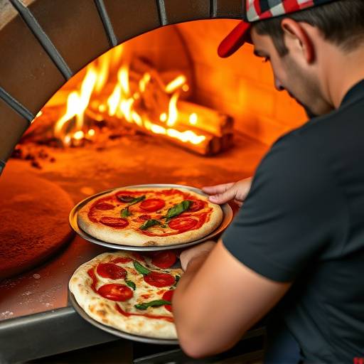 Un pizzaiolo esperto che inforna una pizza margherita in un forno a legna tradizionale.