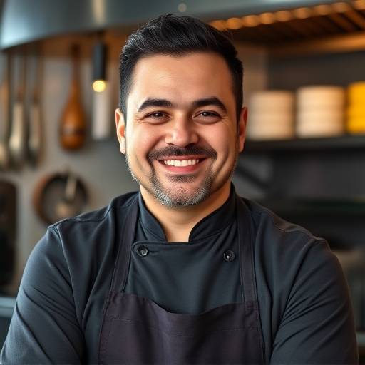 Un ritratto di una chef italiana sorridente, con una giacca da cuoco e un cappello, in una cucina professionale.