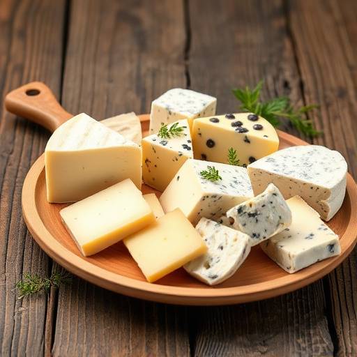 Una selezione di formaggi regionali italiani esposti su un tagliere di legno rustico.