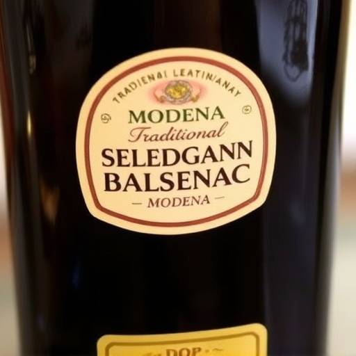 Una vista dettagliata di una bottiglia di aceto balsamico tradizionale di Modena con la sua etichetta DOP.