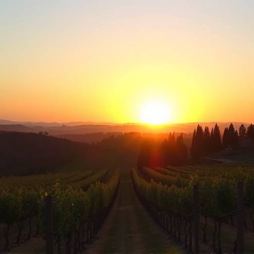 Una vista panoramica delle colline del Chianti con vigneti e uliveti al tramonto.